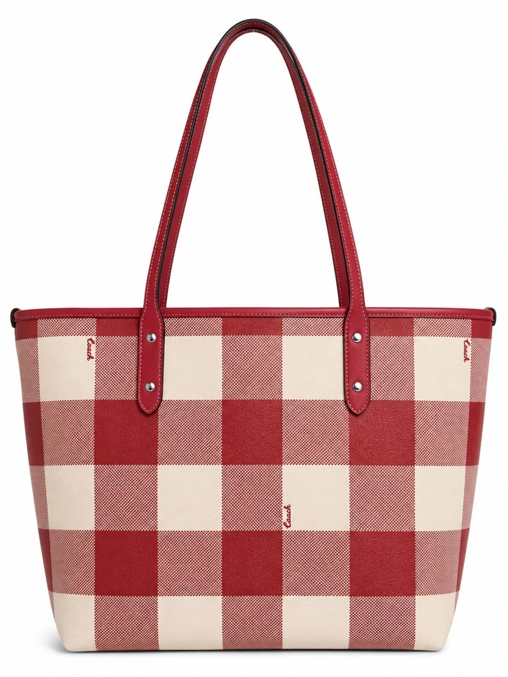 Coach Red and Cream Plaid Tote - Picture 3 of 15